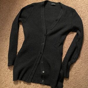 Dark Grey Ribbed Button Wrap Around Cardigan
